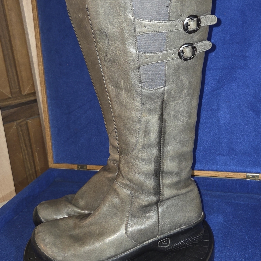Women's Keen Bern Baby Green-Gray Leather Knee High Boots, Sz. 9-US, 39.5-EU
